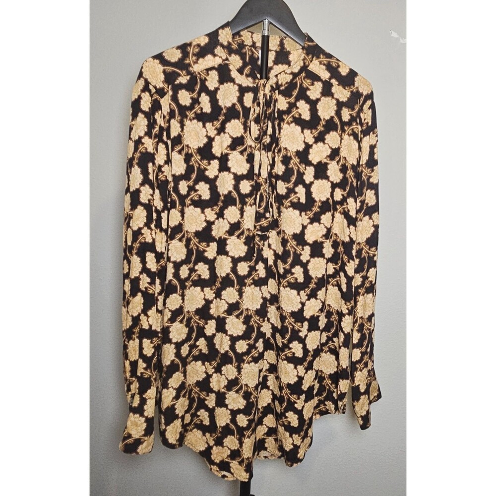 Free People Floral Blouse Womens L Boho Long Sleeve Tie Neck Peasant‎ Top Flowy